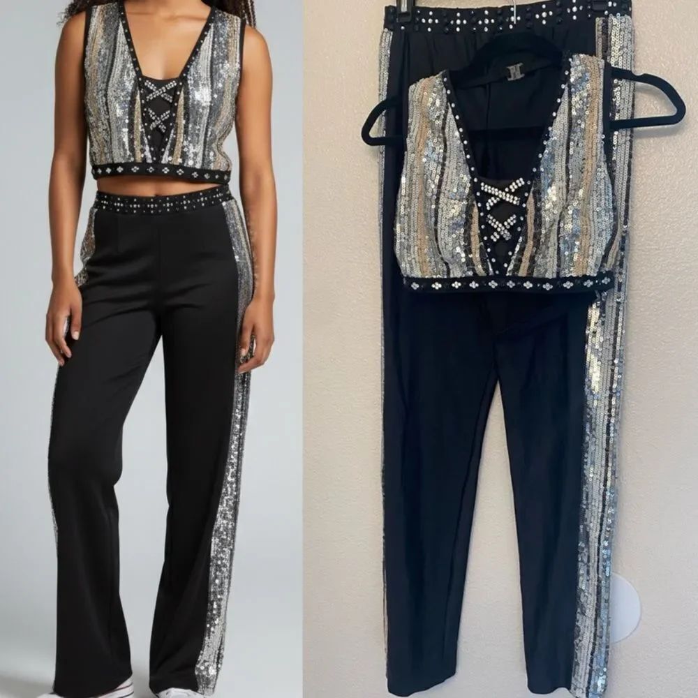 Glamour solo 2 piece dance costume black silver pants top embellished LA Adult